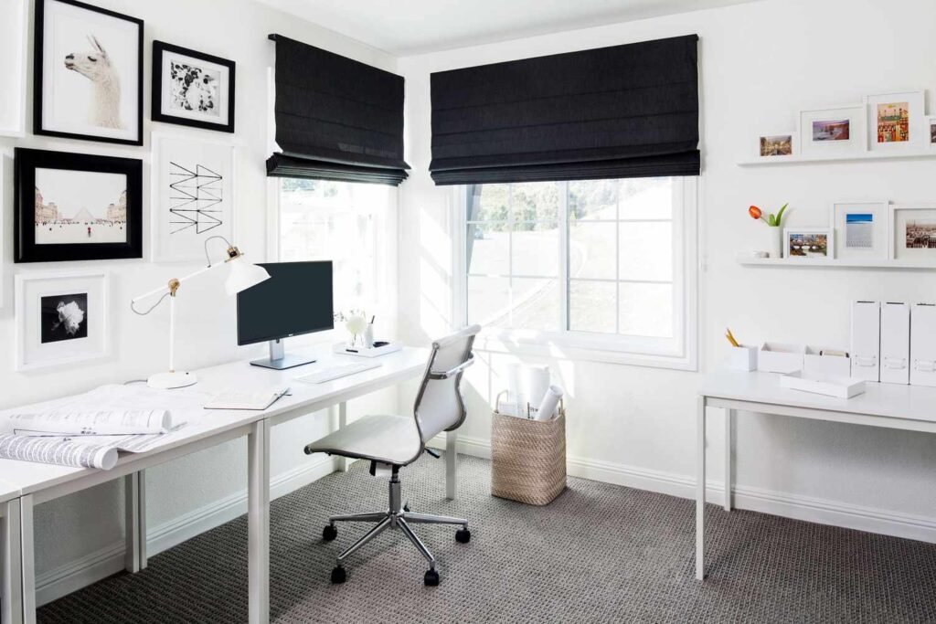 Clean minimalist small space workspace for efficient home office