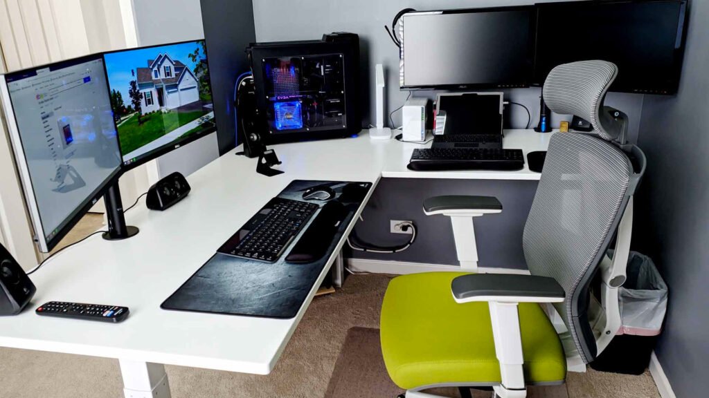 Corner desk setup maximizing small home office space